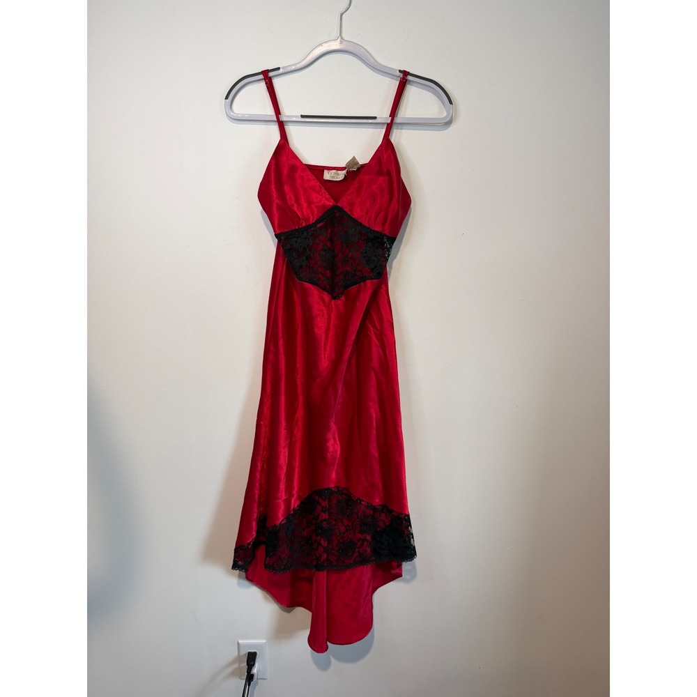 Vintage Gold Label Victoria's Secret Red Satin Black Lace Slip Dress  Small